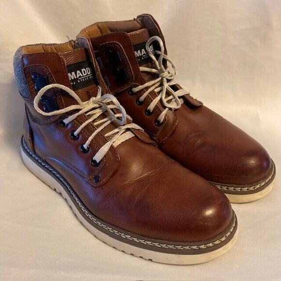 STEVE MADDEN Mens 7 Delwar Lace Up Brown Leather Ankle Boots Cognac Booties - Picture 3 of 7